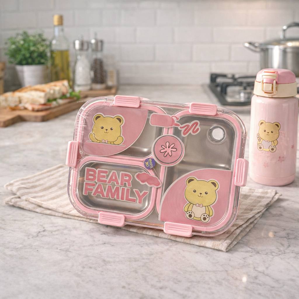 3 Section Bear Printed Steel Lunch Box