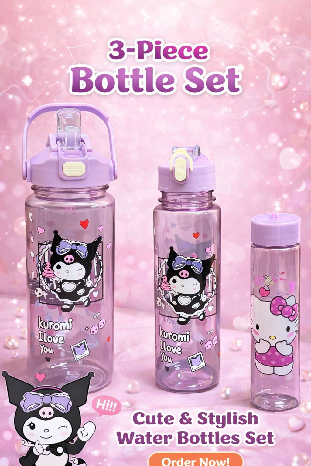 3 Pcs Kuromi Printed Bottle Set (Imported)